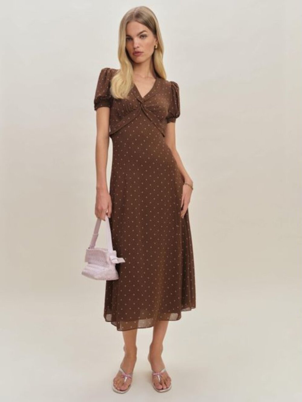 NWT Reformation X Devon Lee Carlson Michelle Puff Sleeve Midi Dress In Kiss Dot